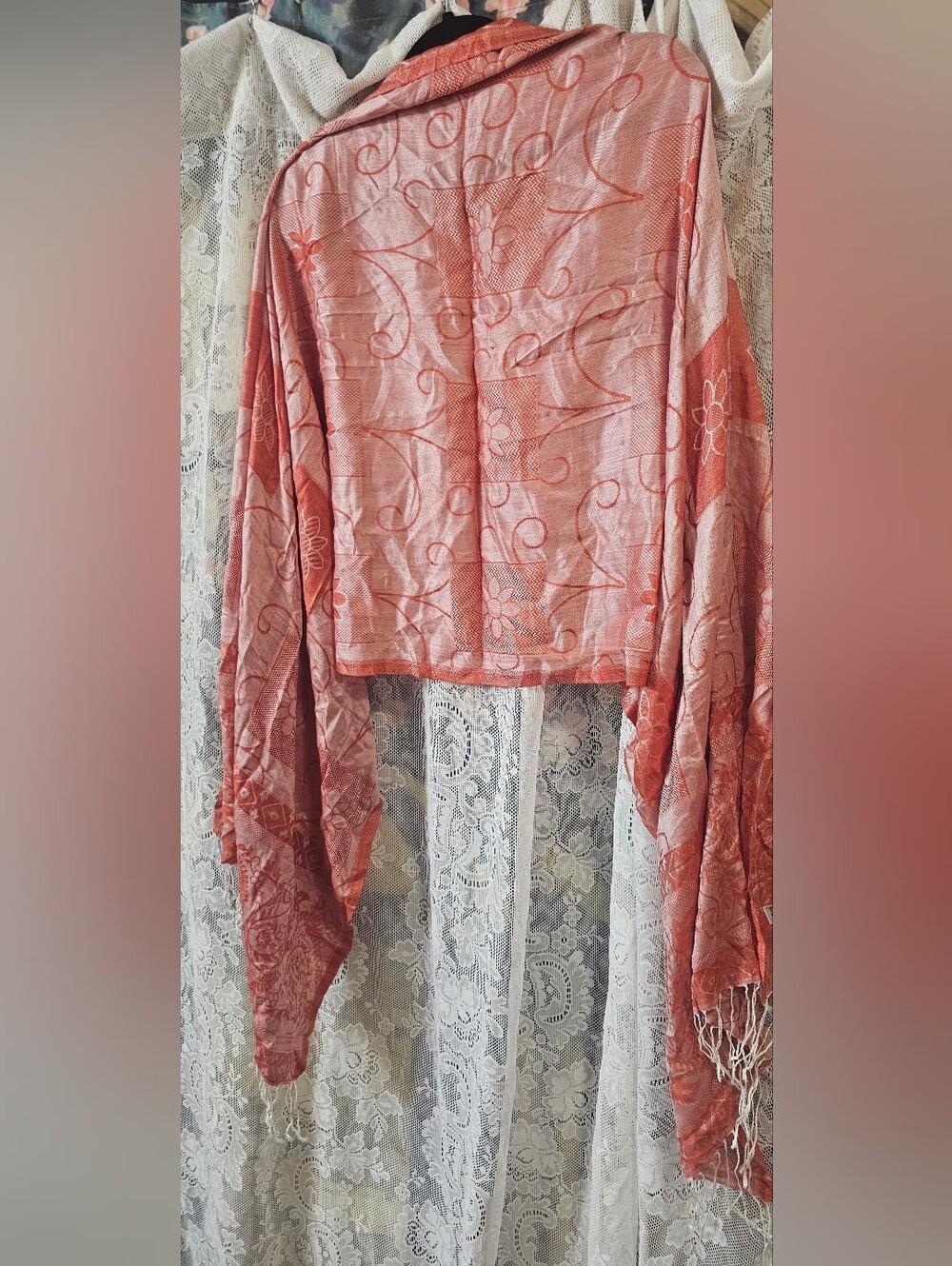 Pashmina Floral Print Scarf in Coral - Picture 2 of 5